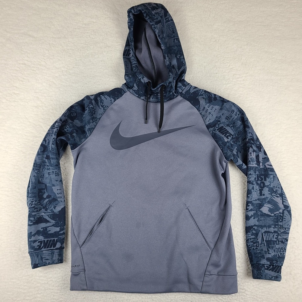 Nike Hoodie Mens Medium Blue Steel Dri Fit‎ Center Swoosh Activewear 932005-011